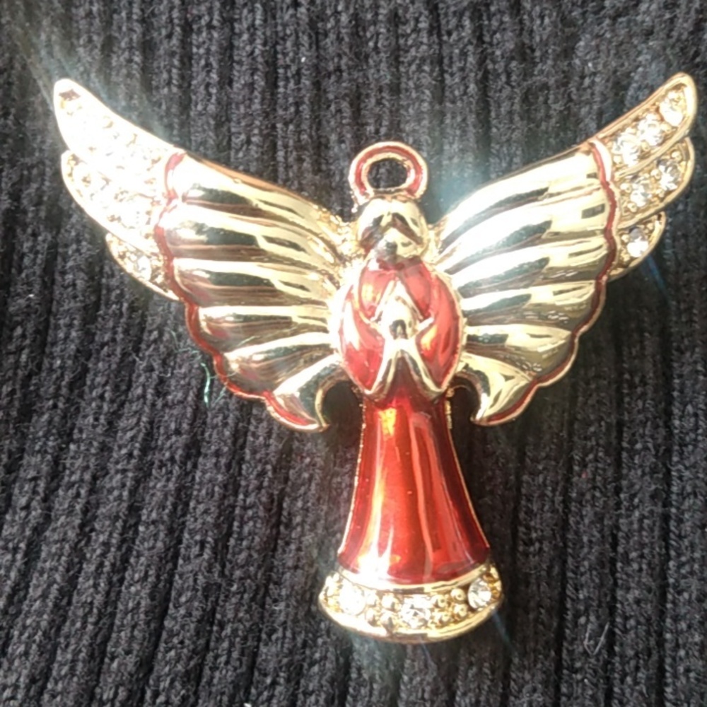 Monet Red Enamel Angel Brooch Gold Tone Wings Rhinestones Adorned Praying Pin
